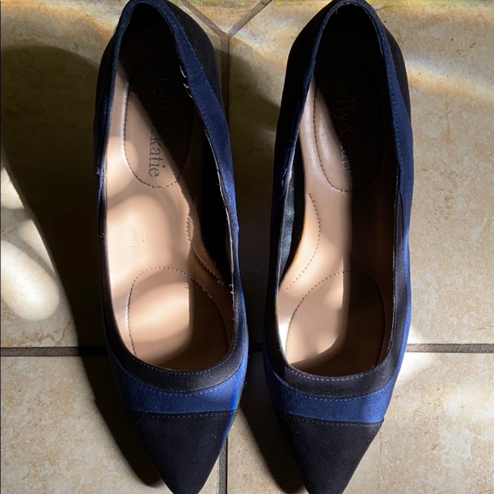 Blue and black pointed toe heels